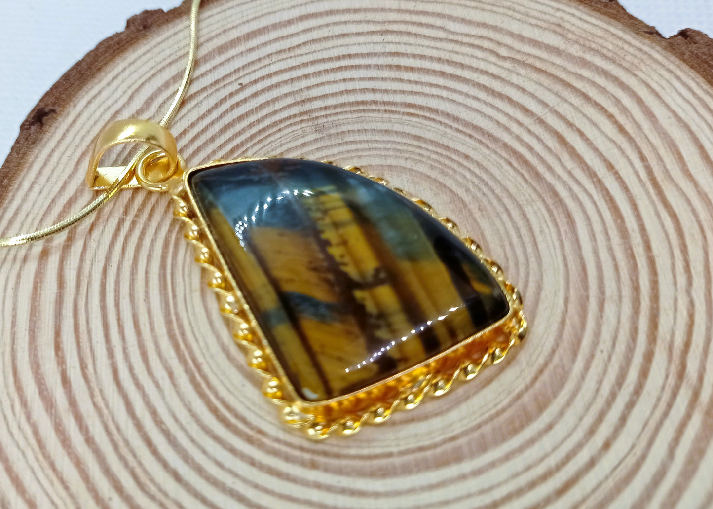 Tiger eye natural stone gold pendant