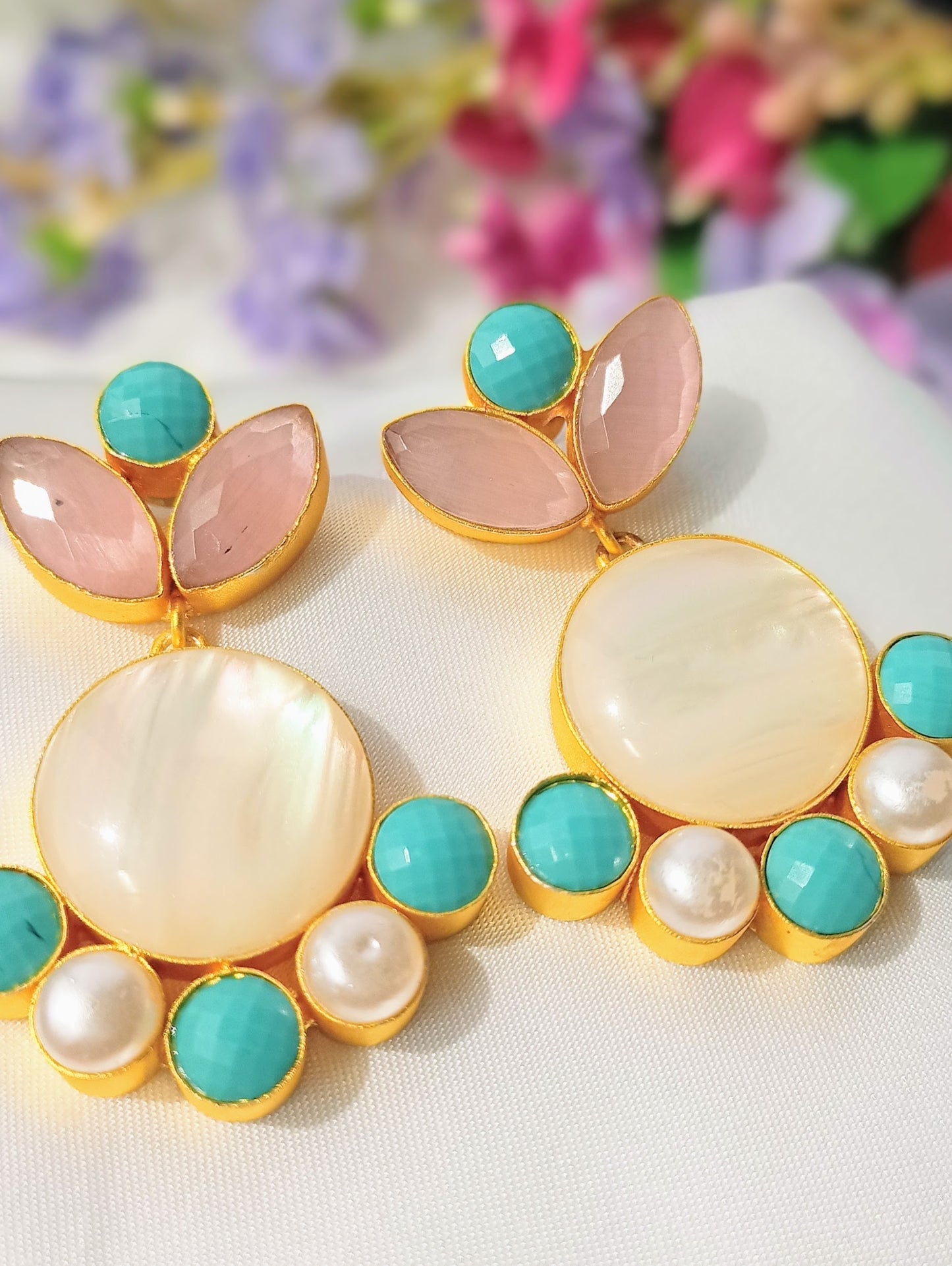 Pink and Turquoise Mother of Pearl Earrings