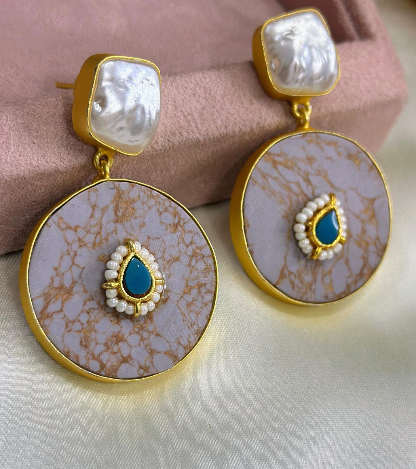 Turquoise and Jasper gold earrings