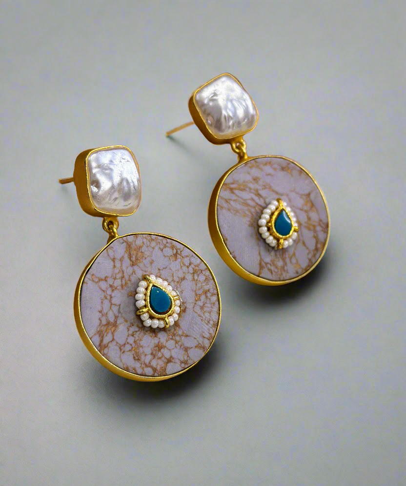 Turquoise and Jasper gold earrings