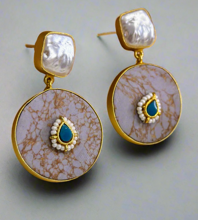 Turquoise and Jasper gold earrings