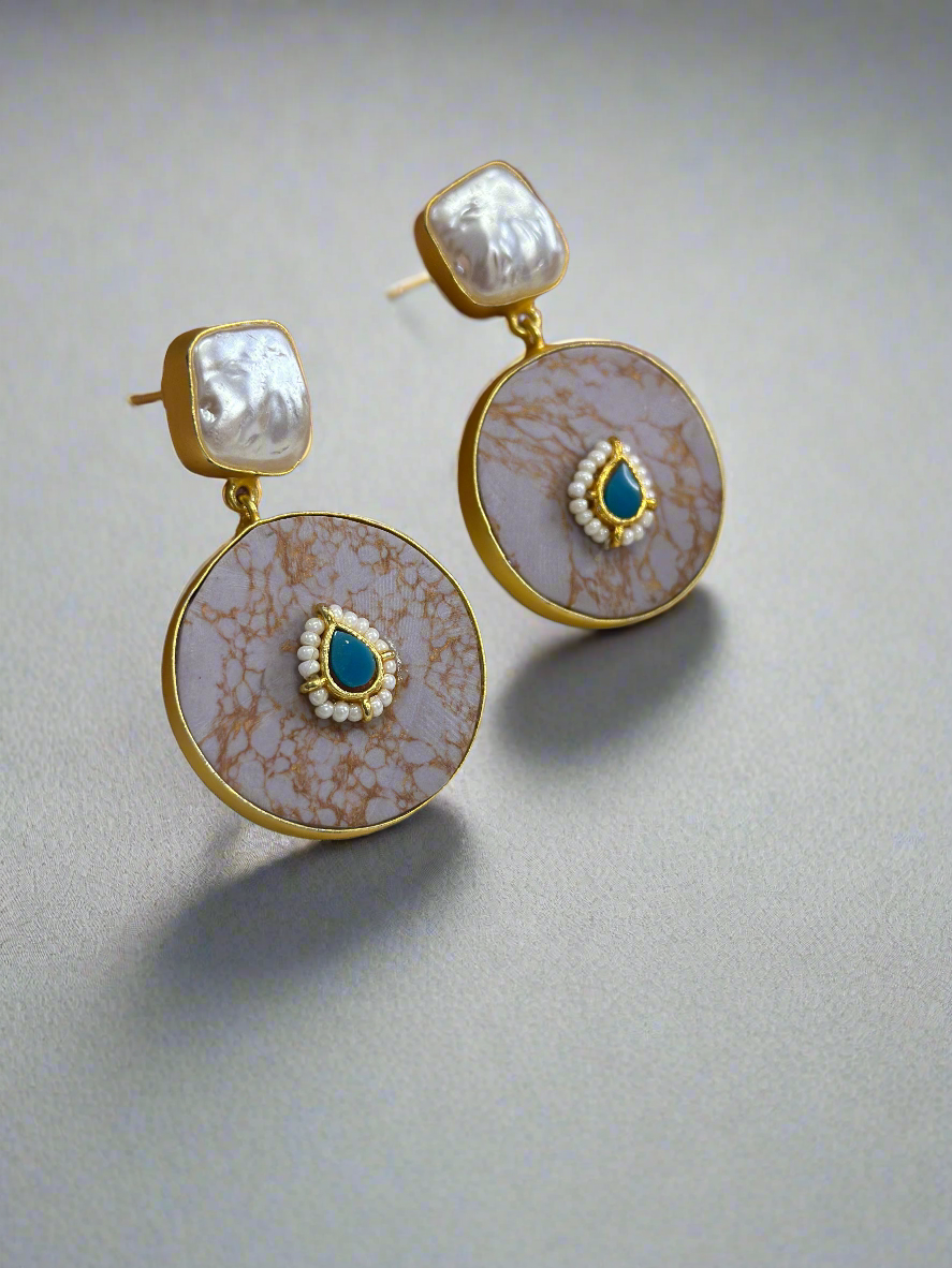 Turquoise and Jasper gold earrings